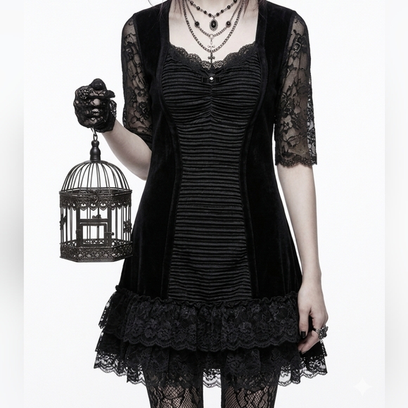 Kollontaï Dresses & Skirts - Kollontai Gothic Lolita Lace & Mesh Mini Dress Velvet Back Size L